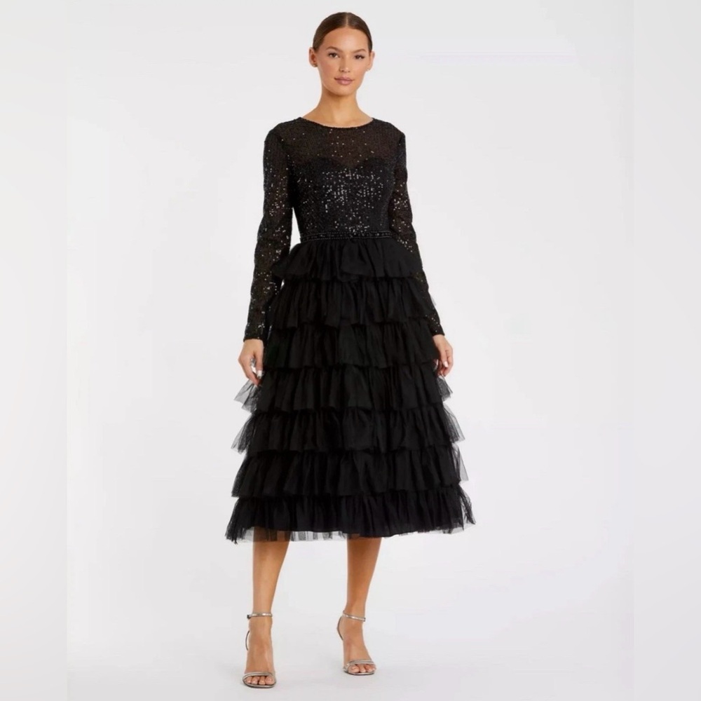Mac Duggal Black Tiered Tulle Sequin Bodice Midi Dress Size 10 New